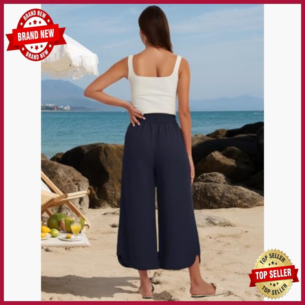 High Waist Wide Leg Cropped Pants Tencel Linen Blend Summer Casual - Picture 4 of 6